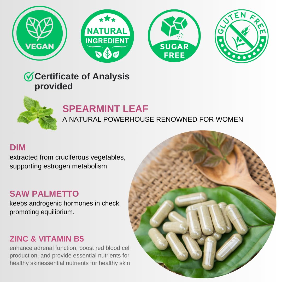 VINATURA Spearmint Leaf Capsules Supplement - Enhanced with DIM & Saw Palmetto, for Unwanted Hair, Women' Health & Skin *USA Made & Tested* - 1380mg/serving, 60 Capsules (30 Servings)