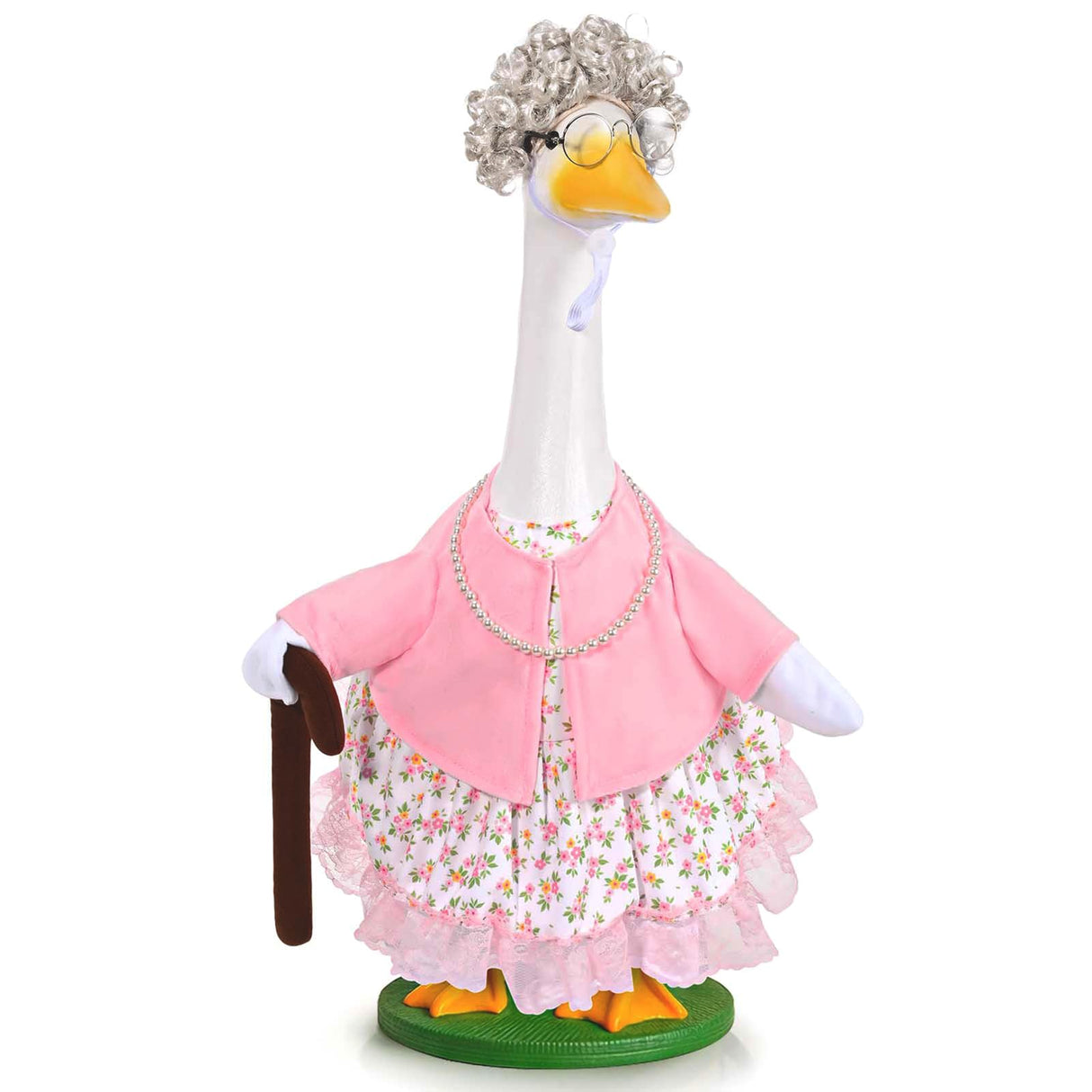 JcHrmers Old Lady Goose Outfits Porch Goose Clothes Fits 23" Cement Plastic Goose Statue Grandma Goose Outfit with Wig Glasses Pearl Necklace for School Outdoor Garden Lawn Yard Patio Art Decor