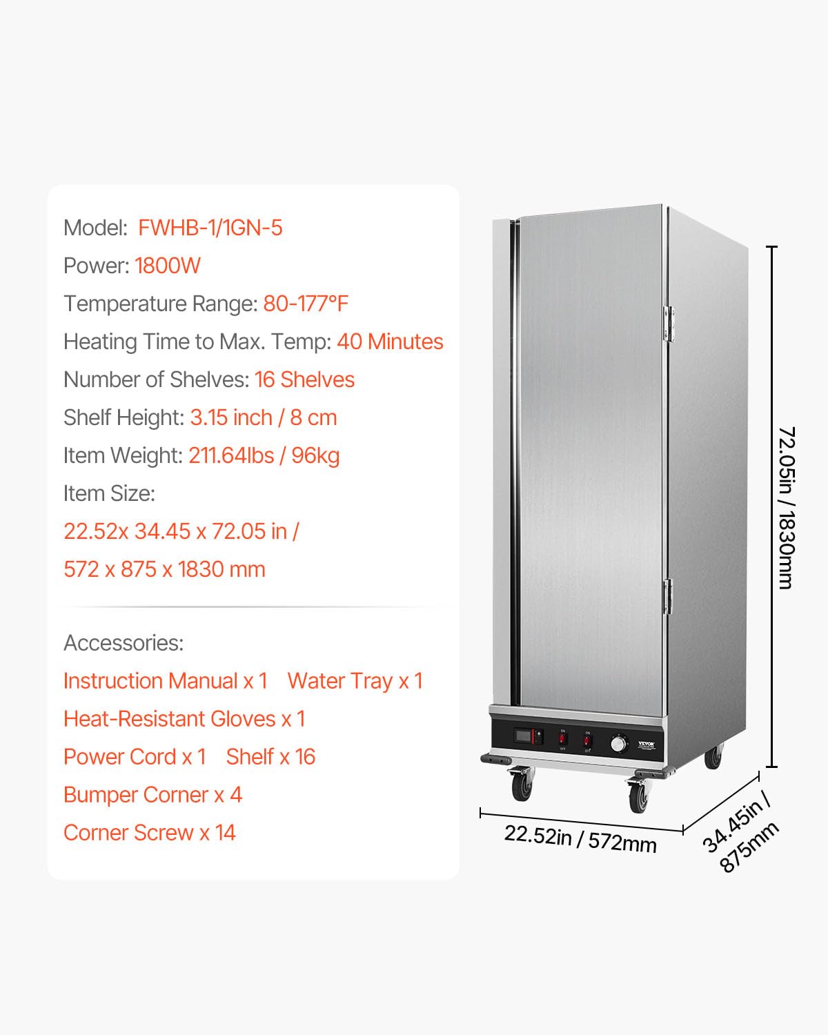 VEVOR Hot Box Food Warmer, 16-Tier Large Concession Warmer with Water Tray, Single-door and Adjustable Shelves, Stainless Steel Food Warmer Cabinet, Ideal for Storing Pizza, Chicken, Restaurant