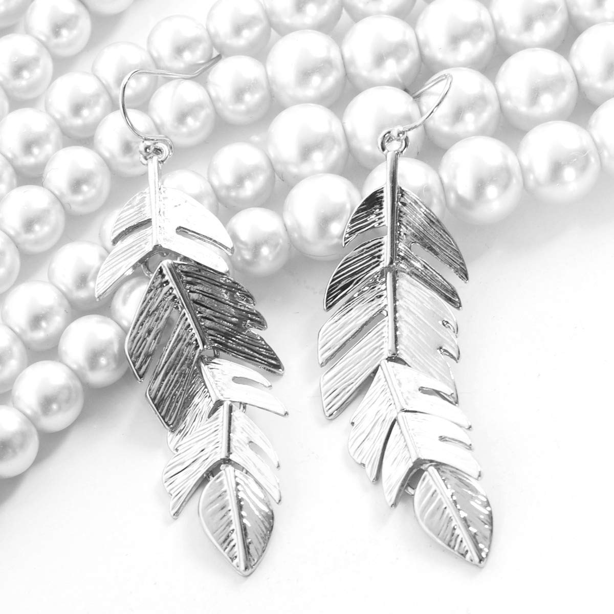 Floating Feathers Dangle Earrings - Silver Tone Long Hanging Leaf Drops