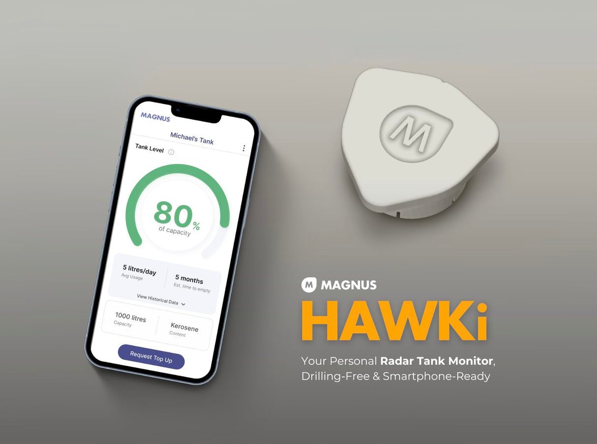 Magnus HAWKi Smart Oil Tank Level Monitor Radar Gauge - Bluetooth Connection to Phone App, Universal Fit - No Drilling Required - Plastic Oil Tank Level Gauge.