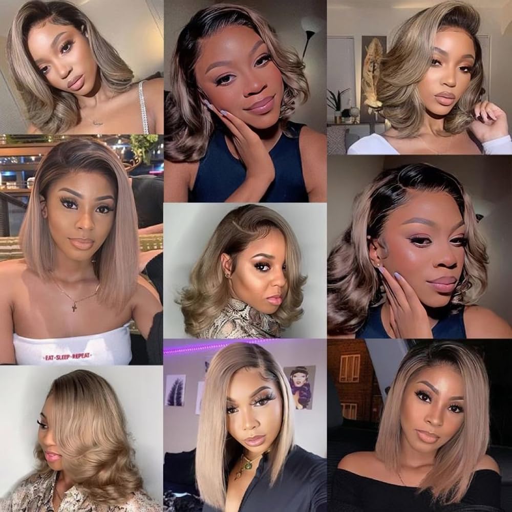 Ash Blonde Bob Wig Human Hair 180 Density 13x4 Hd Lace Front Wigs Human Hair Bob Wigs for Black Women Ombre Ash Blonde Straight Lace Frontal Wig with Dark Roots Invisible Knots Pre Plucked 14 inch