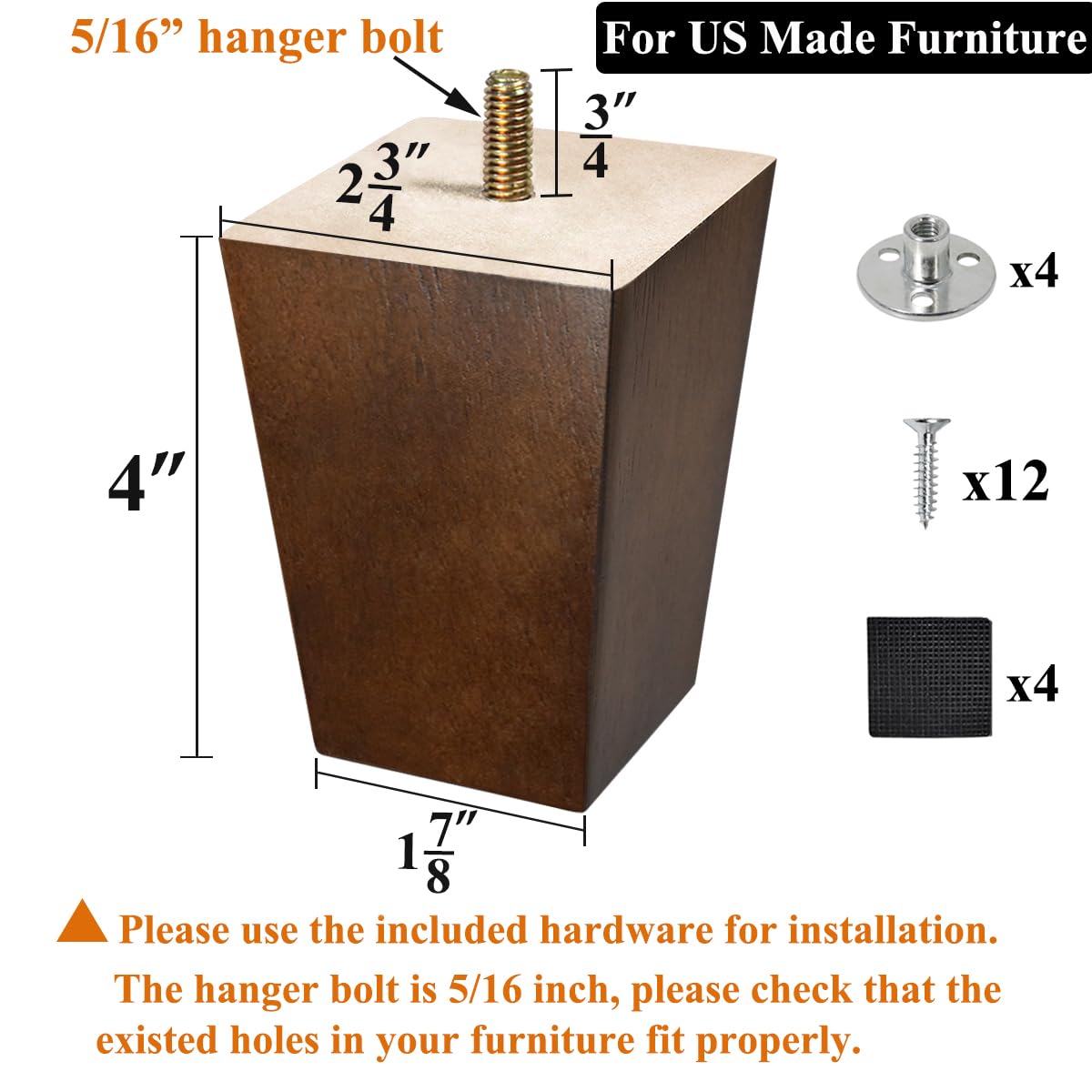 AORYVIC Wood Furniture Legs, 4 inch Sofa Legs, Square Couch Legs Pack of 4, Wood Legs for Table w/Pre-drilled Hanger Bolt