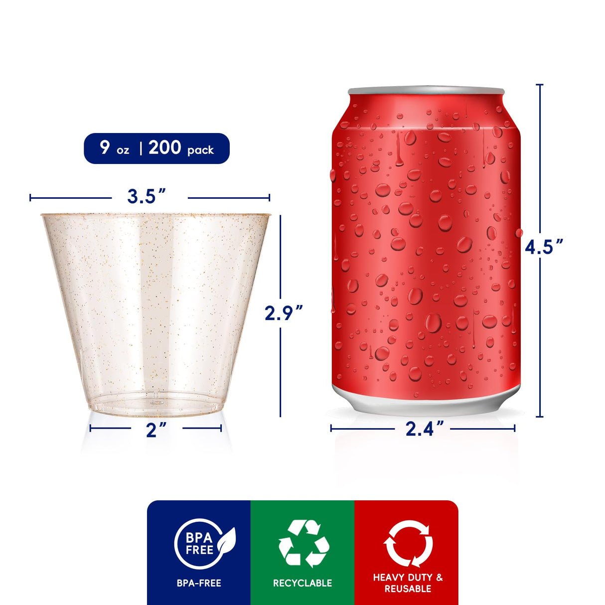 JOLLY CHEF 200 Pack 9 oz Glitter Plastic Cups, Disposable Gold Cups, Clear Plastic Tumblers for Wedding, Thanksgiving, Christmas Party