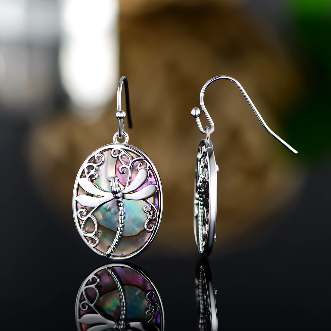 Barzel 18K White Gold Plated Created Abalone Dragonfly Dangling Earrings for Women - Made in Brazil
