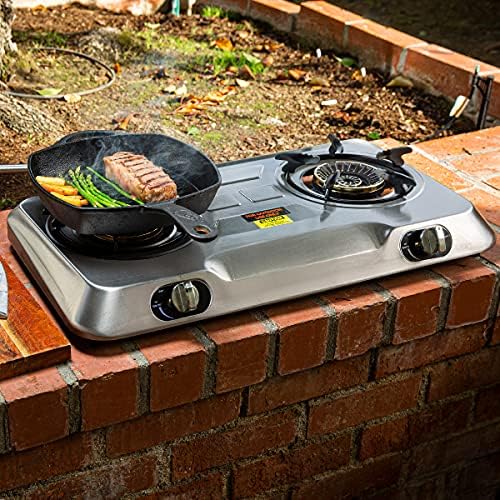 XtremepowerUS 25,516BTU Double Burner Stove Auto Ignition Cooktop Outdoor LPG Propane Camping 2 Stove Burner Portable Stove Burner, Stainless Steel