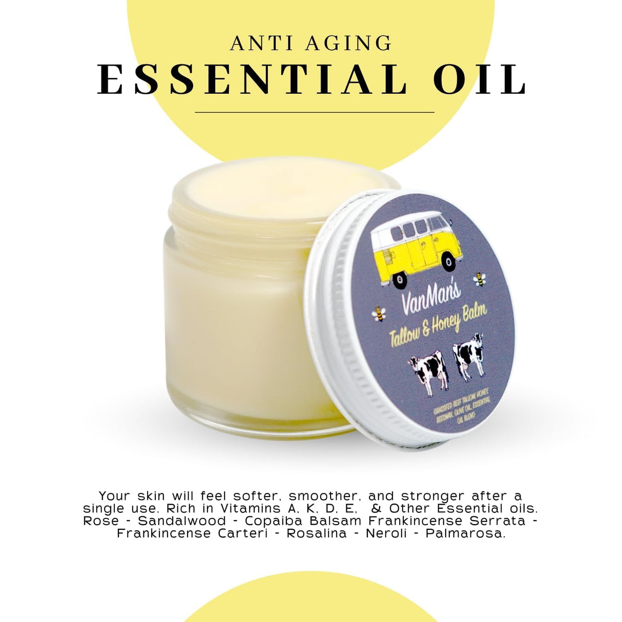 Vanman's Tallow and Honey Balm With No Added Scent - Beef Tallow Face Moisturizer with Grass-Fed/Finished Beef Tallow for Skin, Organic Raw Honey and Beeswax, Cold Pressed Olive Oil - 2 oz