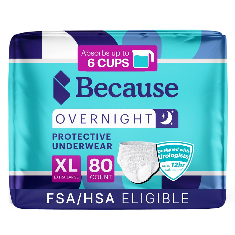 Because Overnight Absorbency Pull Ups - Adult Disposable Incontinence Underwear, Extra Absorbent Nighttime Briefs for Men and Women, White, XLarge, 80 Count (4 Packs of 20)