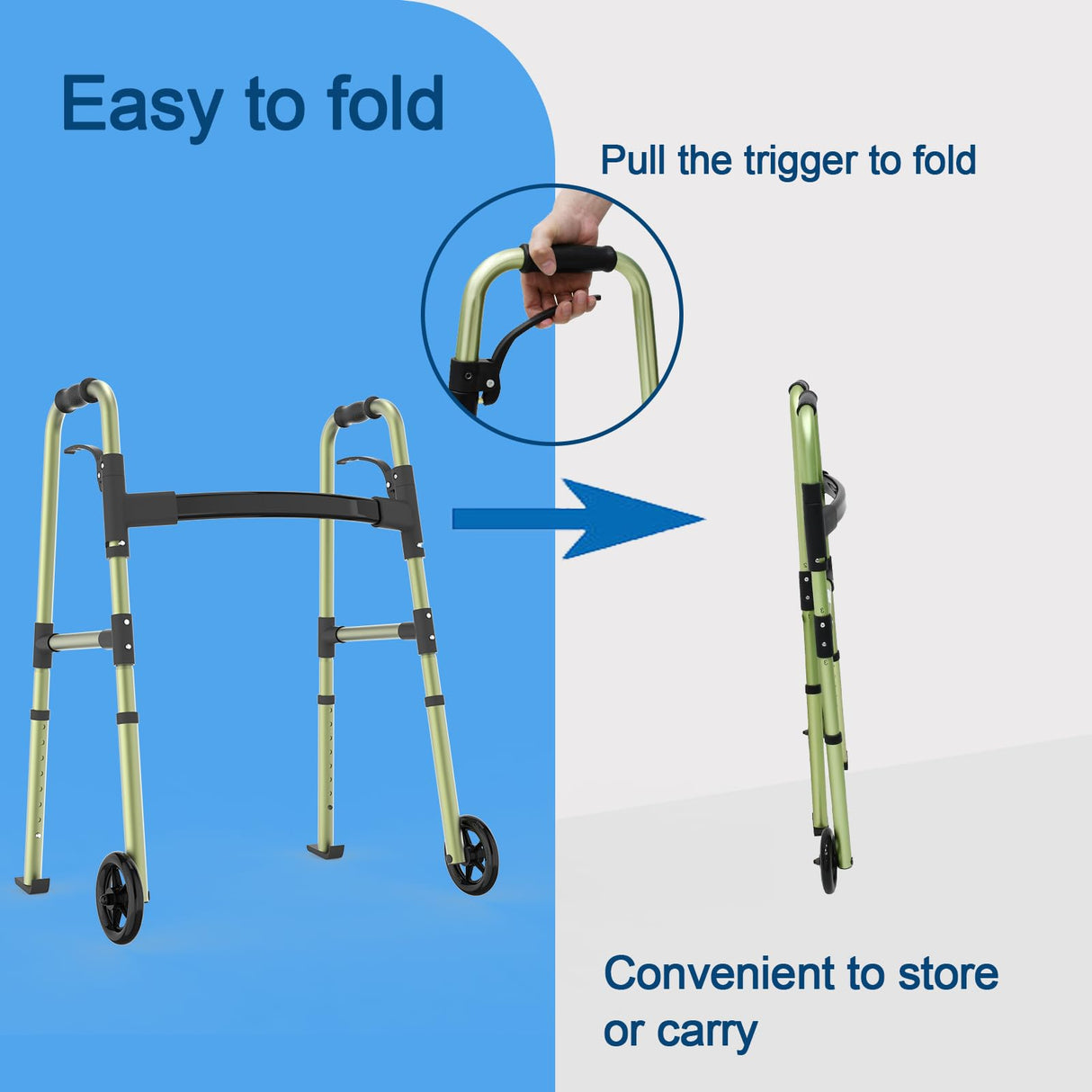 Loyoda Folding Walkers for Seniors,FSA/HSA Eligible Medical Walker with Storage Bag and Glide Skis 5'' Front Wheel Lightweight Walker Height Adjustable Aluminum Standard Walker for Disabled (Green)