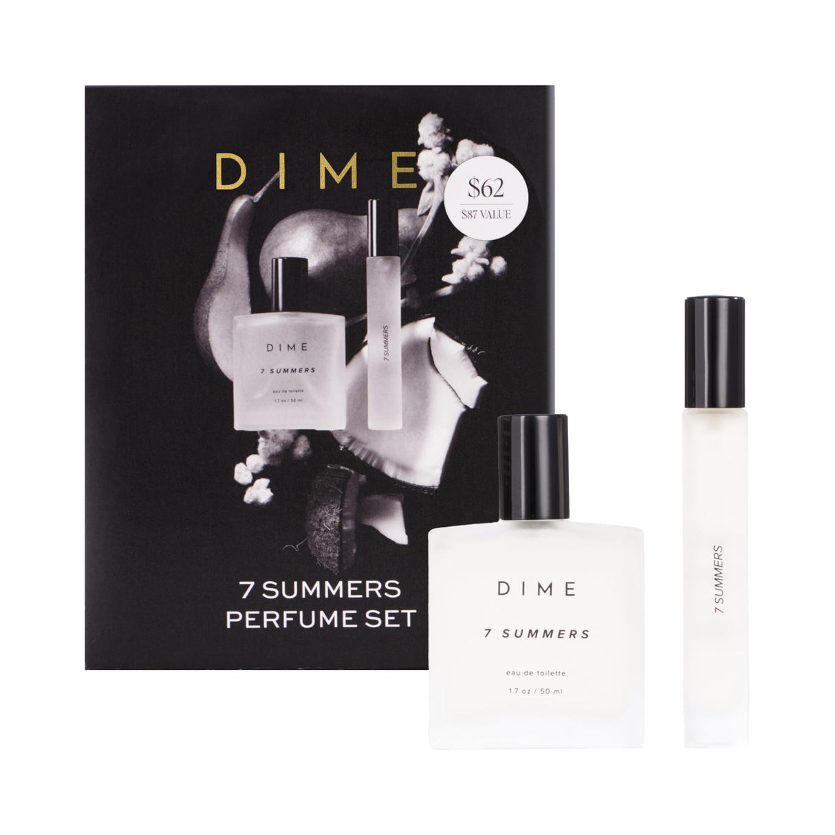 Dime Beauty 7 Summers Perfume Set ($87 Value) - Includes 50 ml + Travel Size 10 ml, Sweet Floral Scent, Clean Fragrance Eau de Toilette for Women, Hypoallergenic