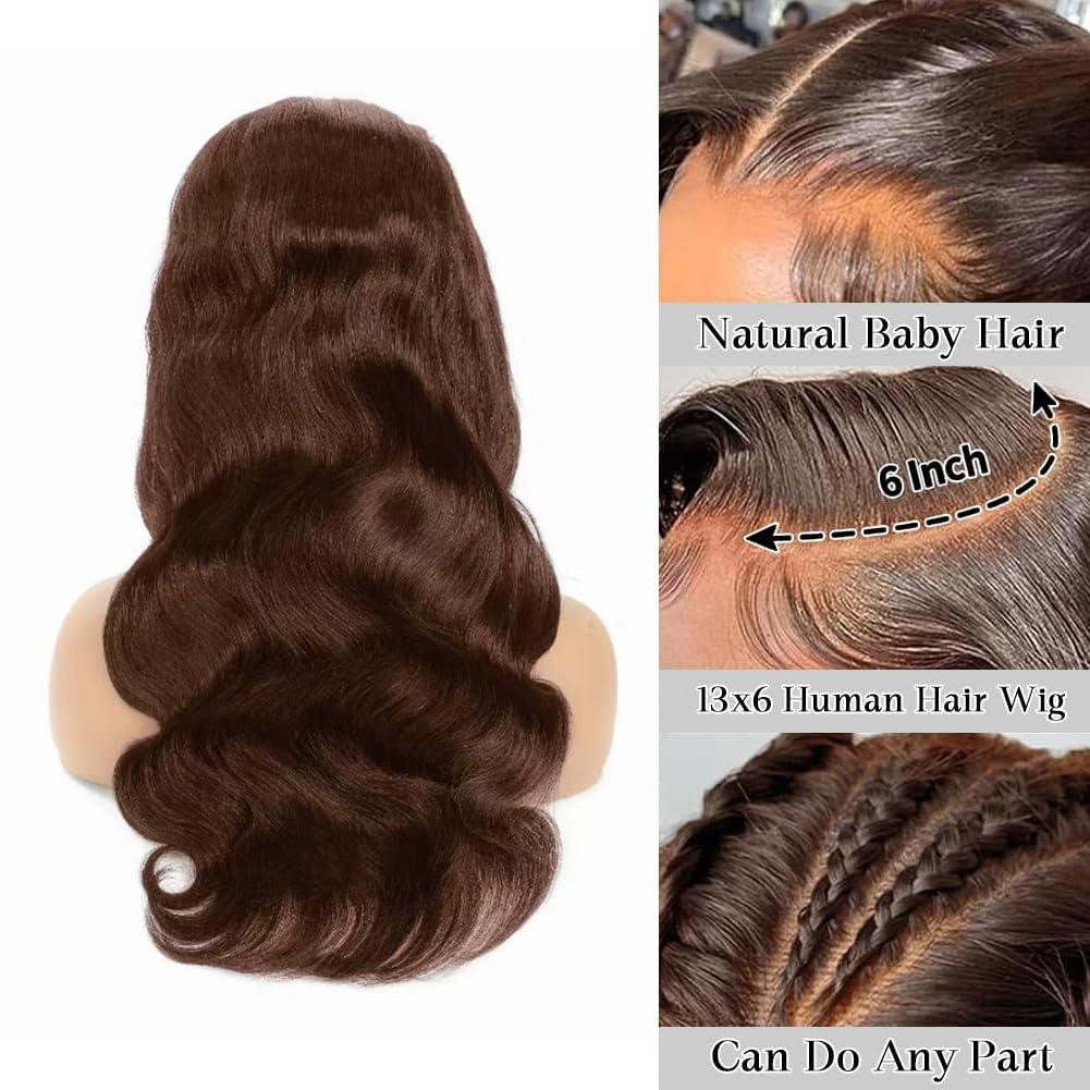 Aoque Chocolate Brown Lace Front Wig Human Hair 30 Inch 200% Density 13x6 Hd Transparent Body Wave Lace Front Brown Wigs Human Hair 4# Glueless Wigs for Women