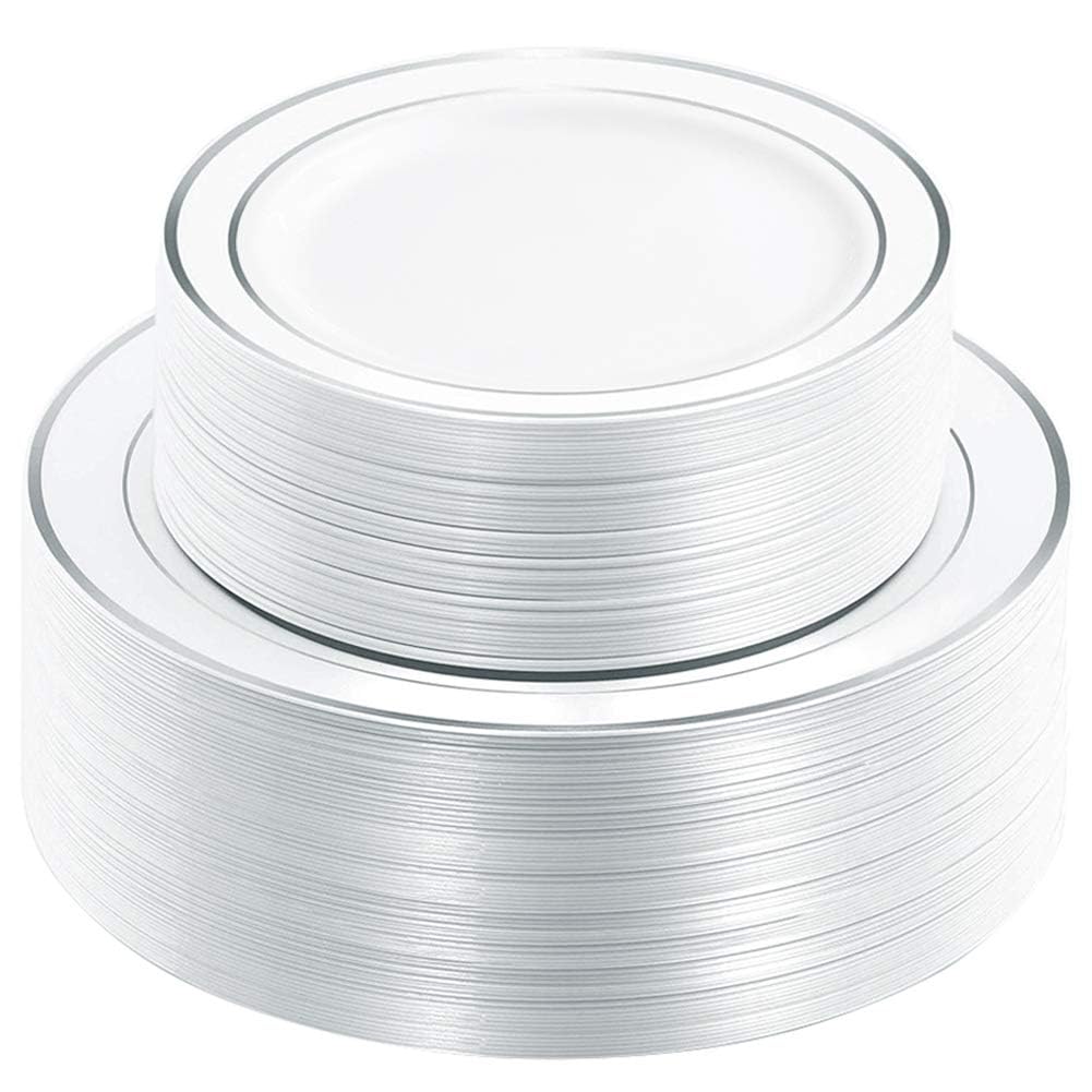 WDF 120PCS Plastic Christmas Plates White Silver Rim - Disposable Plates including 60PCS for Dinner 10.25inch, 60 Salad/Dessert Plates 7.5inch Heavy Duty Wedding