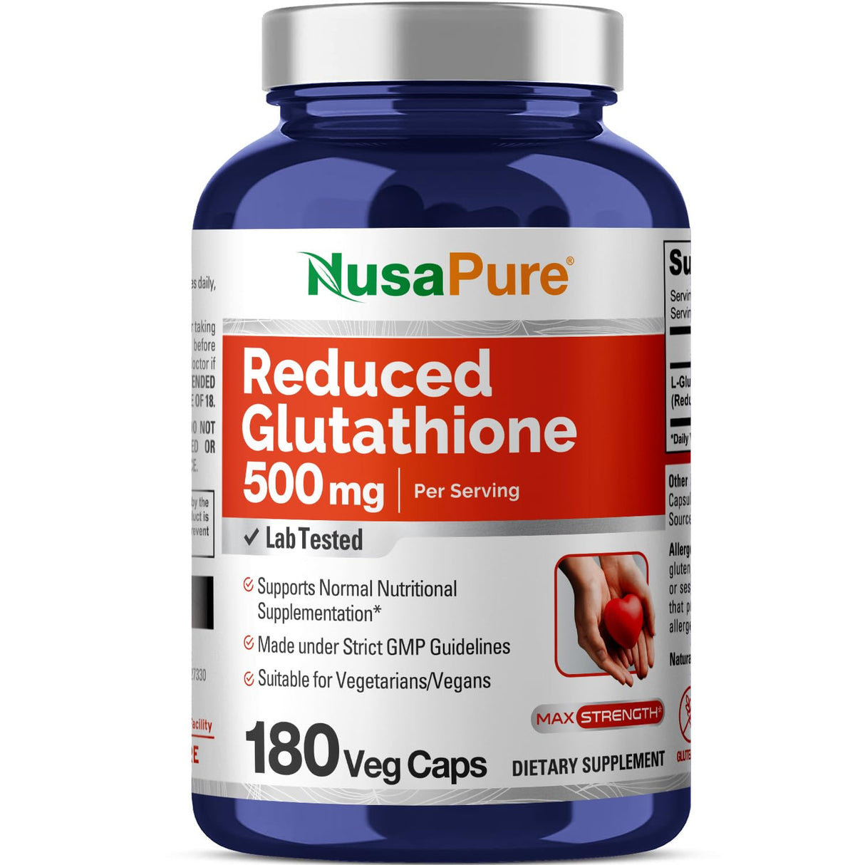 NusaPure Reduced Glutathione 500mg 180 Veggie Capsules (Vegan,Non-GMO) L-Glutathione