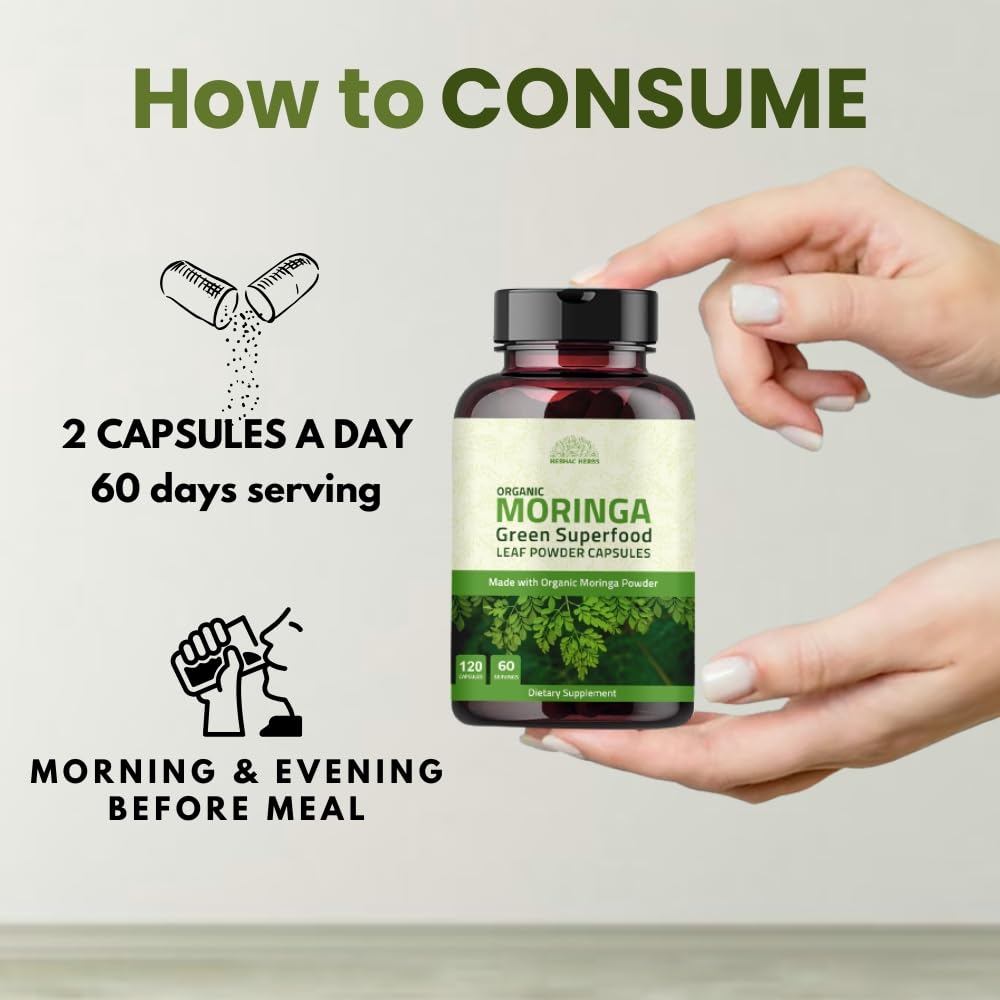 Hebhac Herbs Organic Moringa Capsules 120 Capsules 1000mg – Metabolism, & Immune Support Nutrient-Rich superfood | Non GMO and Gluten Free