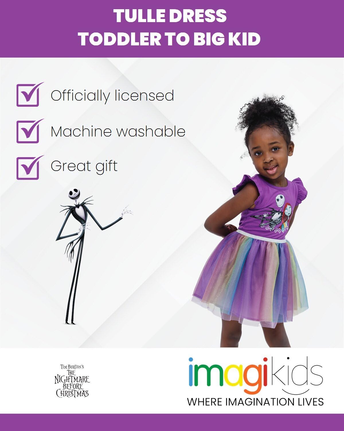 Disney Nightmare Before Christmas Jack Skellington Sally Toddler Girls Tulle Dress Purple/Teal/Gold Ombre 5T