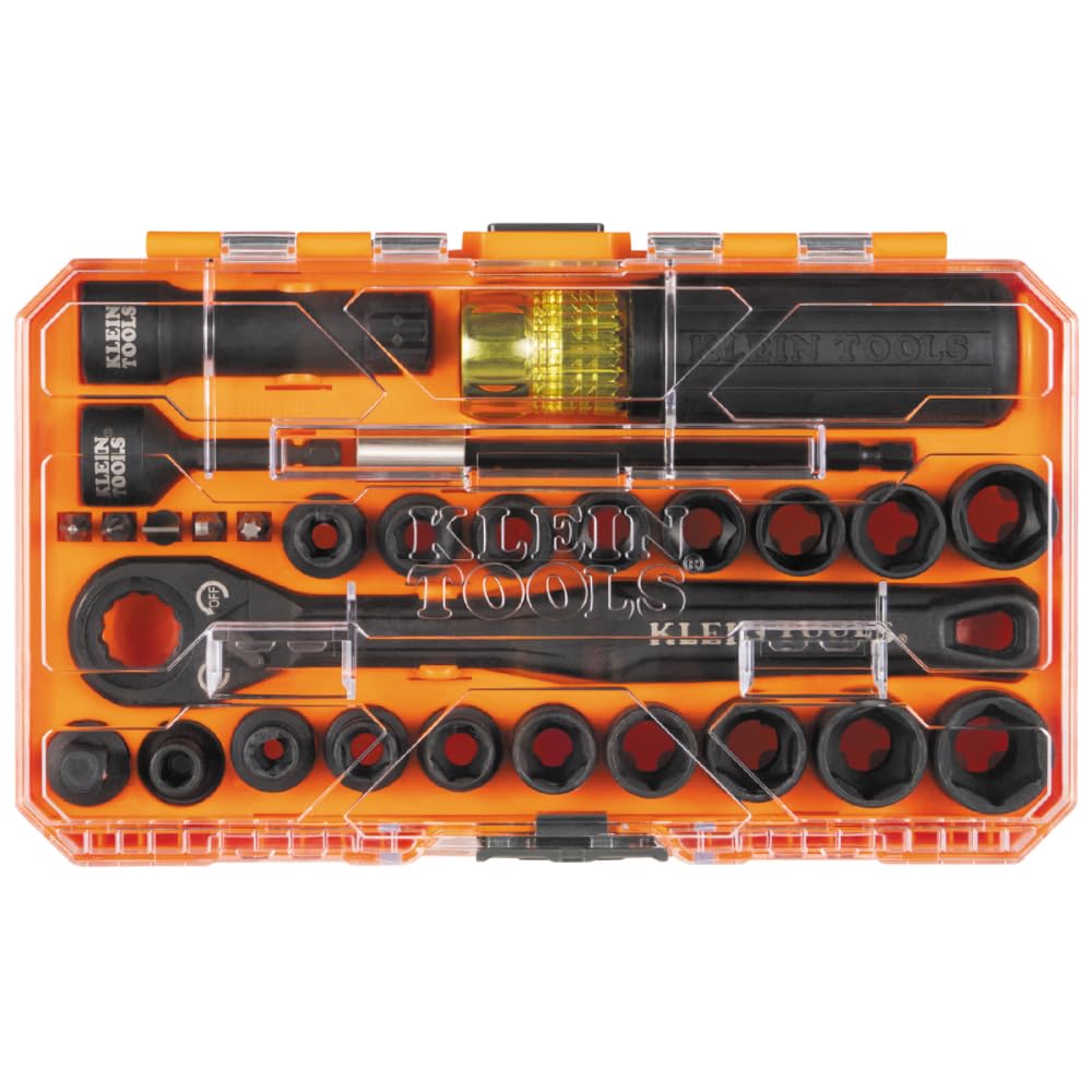 Klein Tools 65400KNECT KNECT Essential Pass Through Impact Socket Set, SAE and Metric, 90-Tooth Ratchet, MODbox Case, 3/8-Inch Drive, 28-Piece