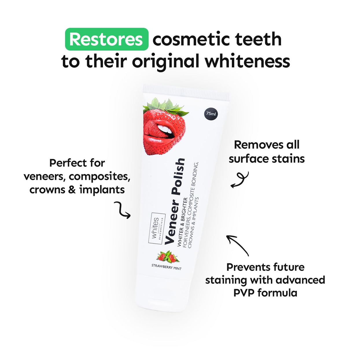 Whites Beaconsfield Veneer & Composite Whitening Polish – Professional Toothpaste for Veneers, Bonding, Crowns, Implants, Bridges & Natural Teeth – Effective Stain Remover – Vegan (Strawberry Mint)