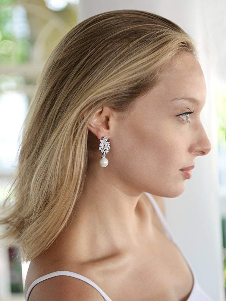 Mariell Pearl Drop & Dangle Bridal Earrings with CZ Crystal Cluster, Statement Jewelry for Bride, Mother of the Bride
