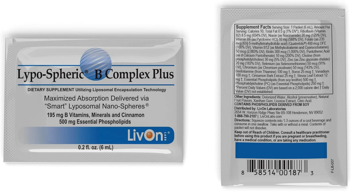 LivOn Laboratories Lypo–Spheric B Complex Plus – 30 Packets – 195 mg B Vitamins, Minerals & Cinnamon Per Packet – Liposome Encapsulated for Improved Absorption – 100% Non–GMO