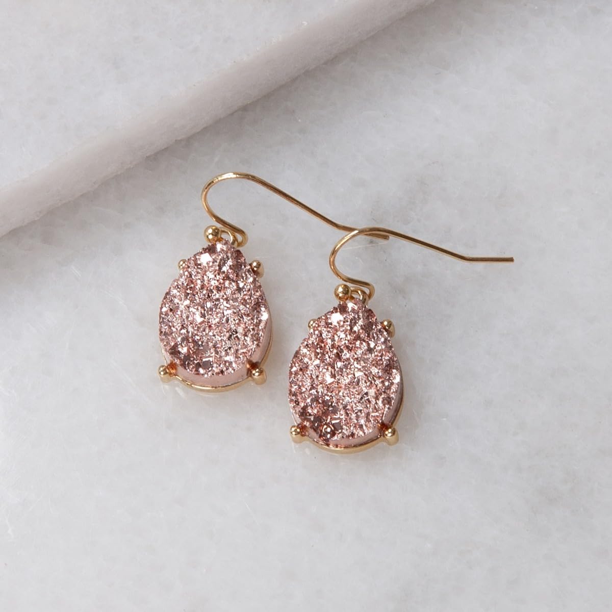 Rose Gold Tone Earrings for Women Dangling, Pink Faux Druzy Teardrop Dangle