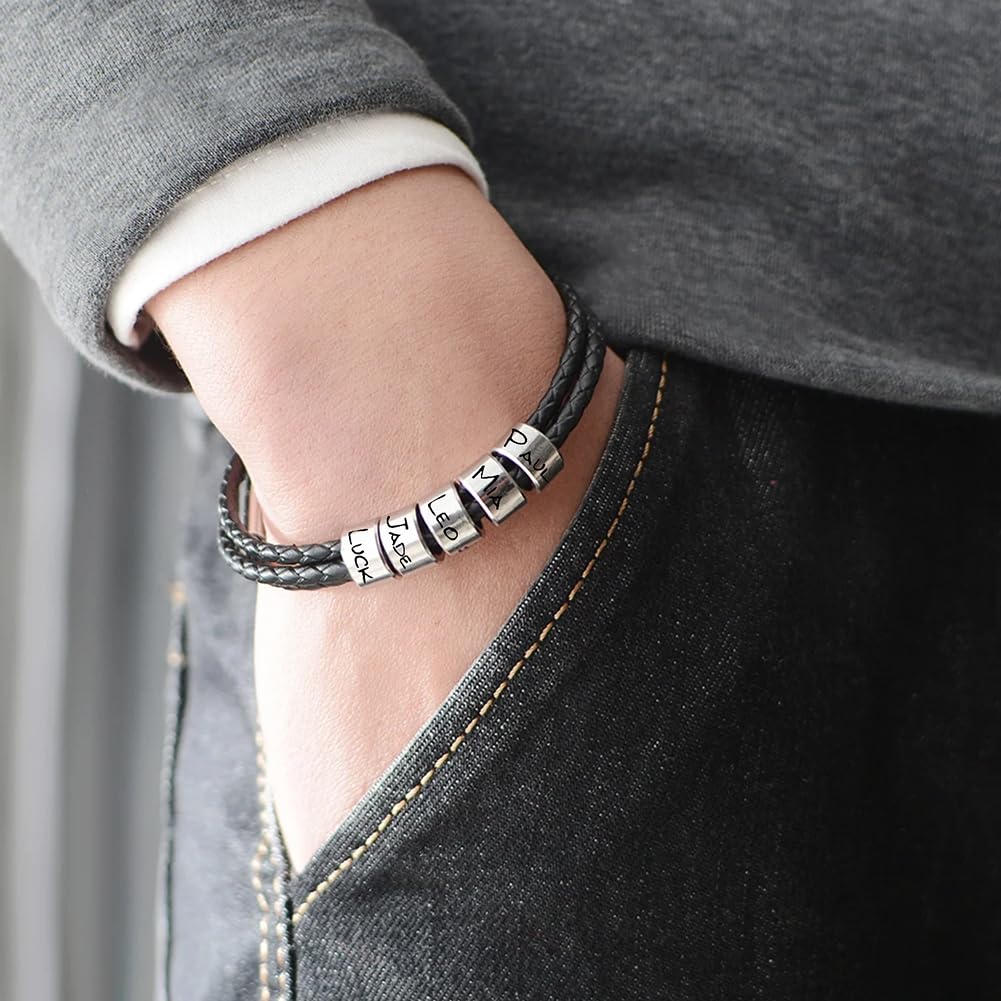 ShineSand Personalized Mens Leather Bracelet with Custom Beads, Customized Braid Leather Bracelet Engraved with Names for Men(Black, 5 Beads