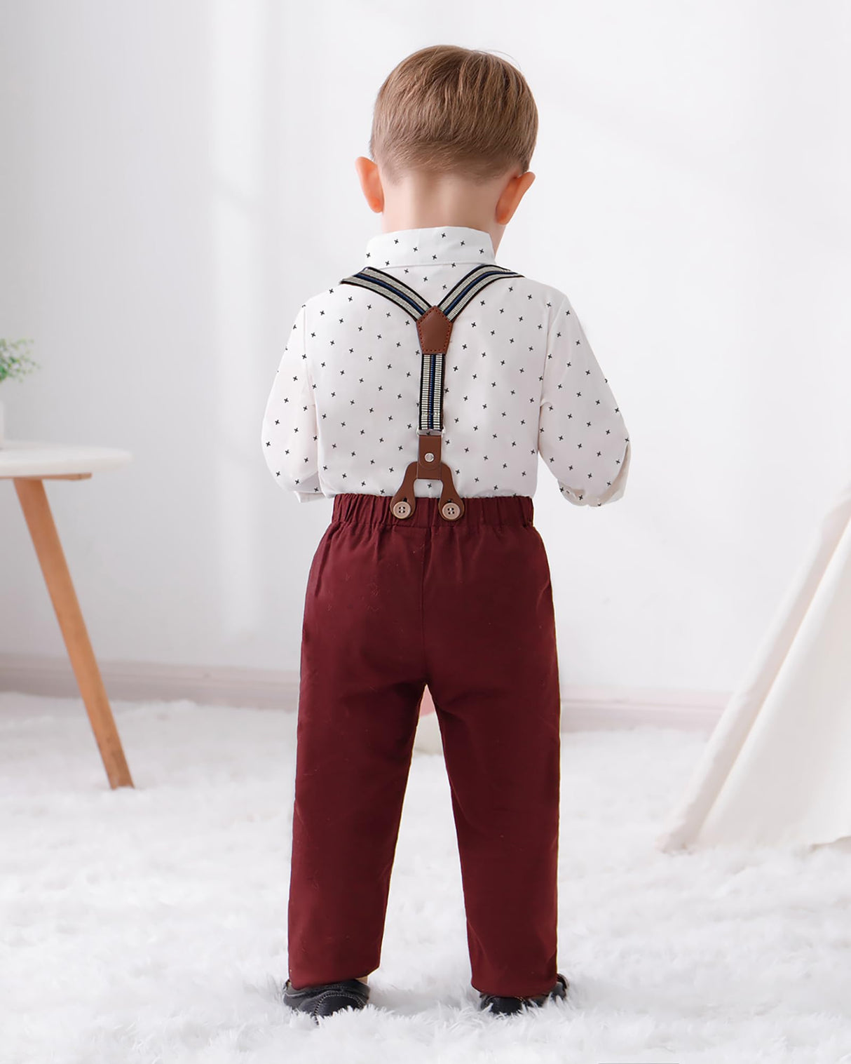 DISAUR Boys Church Outfit Short Sleeve White Flower Dress Shirt Bow Tie Suspender Christmas Red Plaid Pants Toddler Formal Outfit Boy 2t 3t 2-3t