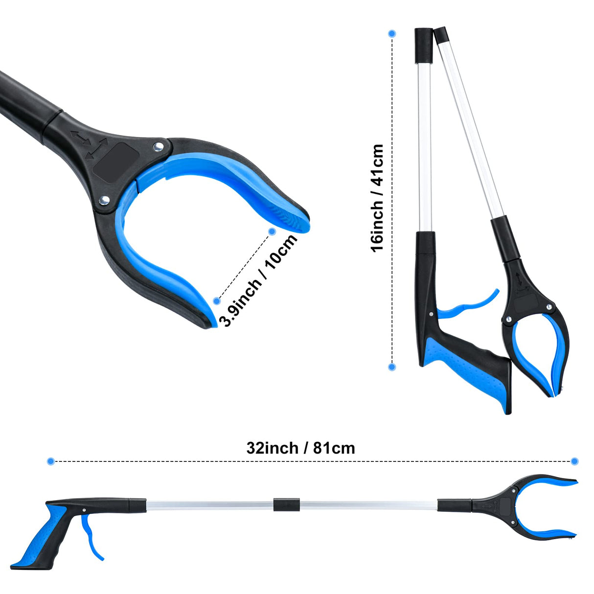 2-Pack Grabber Reacher Tool,32 Inch Foldable Reacher Grabber Pickup Tool with Strong Grip Magnetic,360°Rotating Anti-Slip Jaw,Trash Claw Grabber Tool,Grabbers for Seniors for Outdoor & Indoor (Blue)