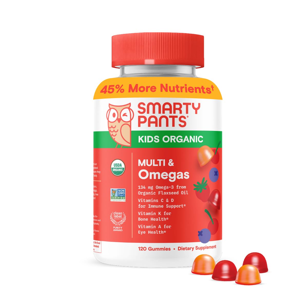 SmartyPants Organic Kids Multivitamin Gummies: Omega 3 (ALA), Vitamin D3, C, Vitamin B12, B6, A, K & Zinc for Immune Support, Biotin, Vegetarian, Three Fruit Flavors, 120 Count (30 Day Supply)