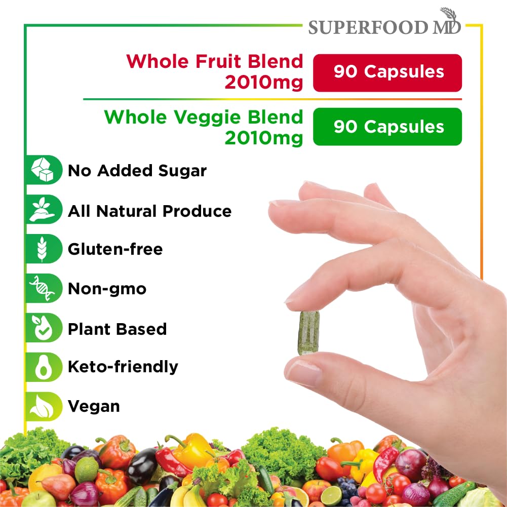 Superfood MD Fruits & Veggies Supplement - Whole Food Natural Superfoods - Supports Energy Levels, with Aloe Vera - Soy Free- 90 Count (Pack of 2)