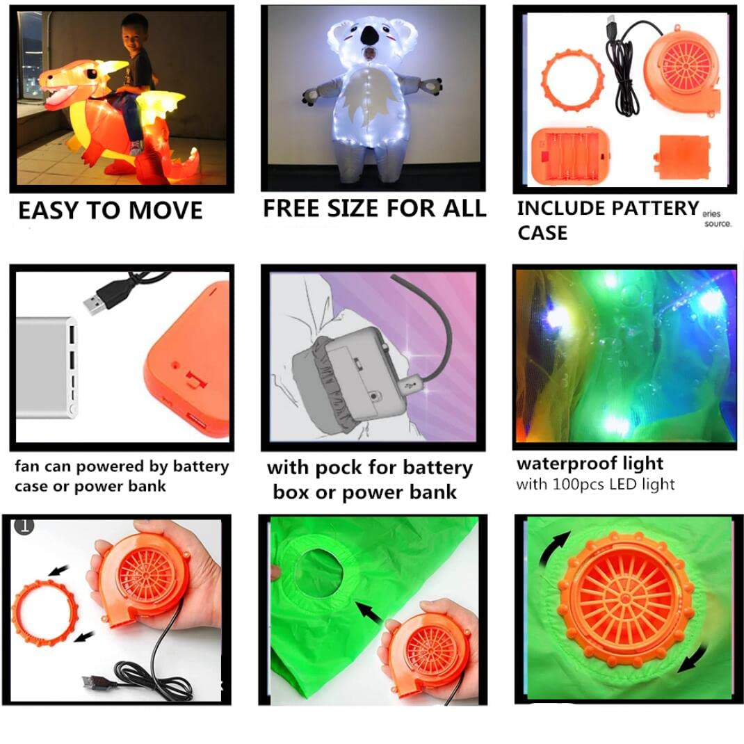 bDDeDD Kids Inflatable Costume, Dinosaur Rider,Blow Up T-REX Costumes with LED Light for Cosplay Halloween Christmas Party (Green S)