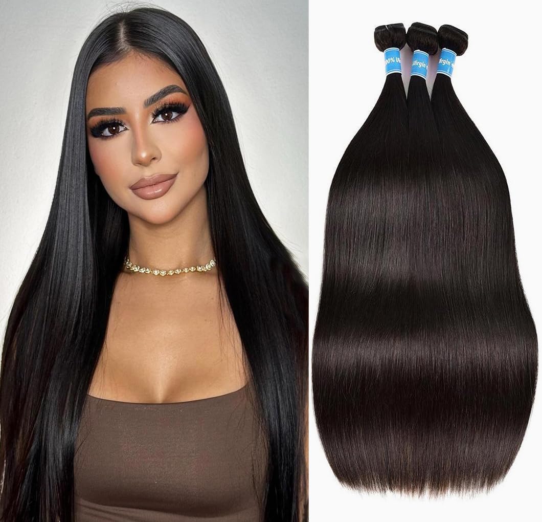10A Straight Bundles Human Hair 20 22 24 Inch Straight Hair 3 Bundles Unprocessed Brazilian Virgin Hair Bundles Human Hair Extension Double Weft Natural Black