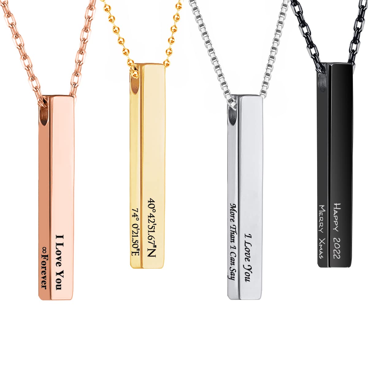 Xianofu Personalized 4 Sided Vertical Bar Necklace Custom Text Engraved 3D Bar Pendant Stainless Steel Coordinate Jewelry for Couples