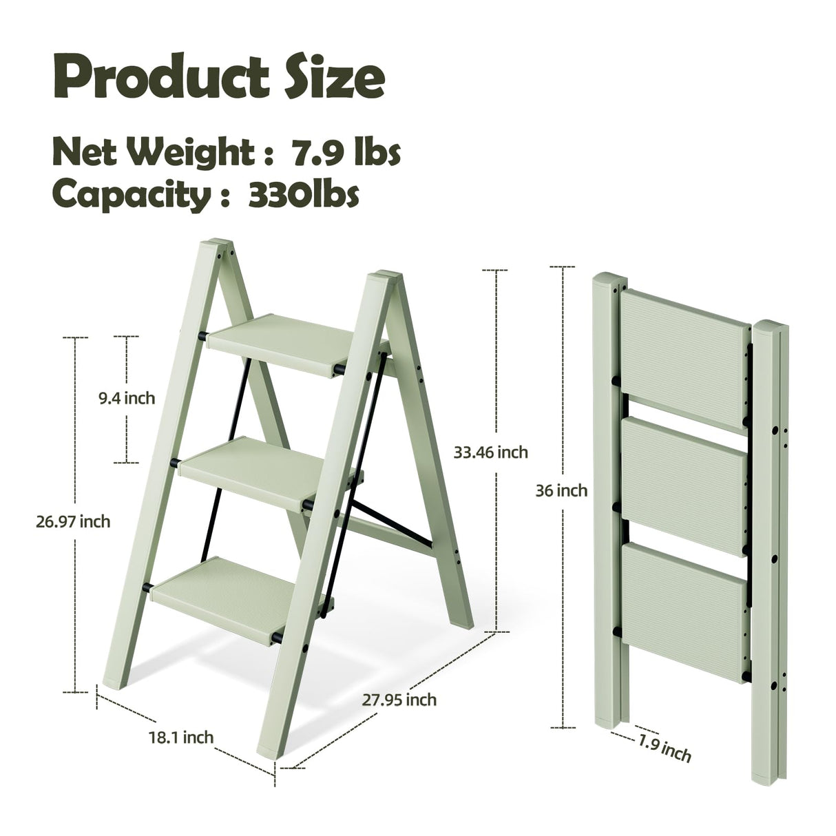 Taranta 3 Step Ladder,Aluminum Lightweight Folding 3 Step Stool with Anti-Slip Wide Pedal,330lbs Capacity Step Ladder for Household,Kitchen,Office - Fairyland Green
