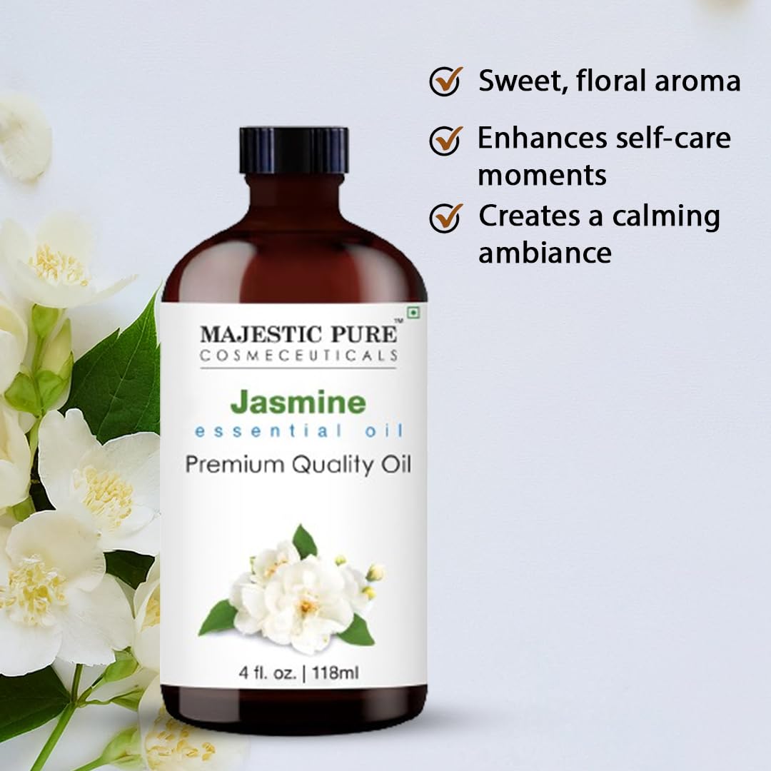 MAJESTIC PURE Jasmine Essential Oil | 100% Pure and Natural Jasmine Oil | Premium Grade Essential Oils for Hair Care, Home Diffusers, Skin, Aromatherapy, Massage and Humidifiers | 4 Fl Oz