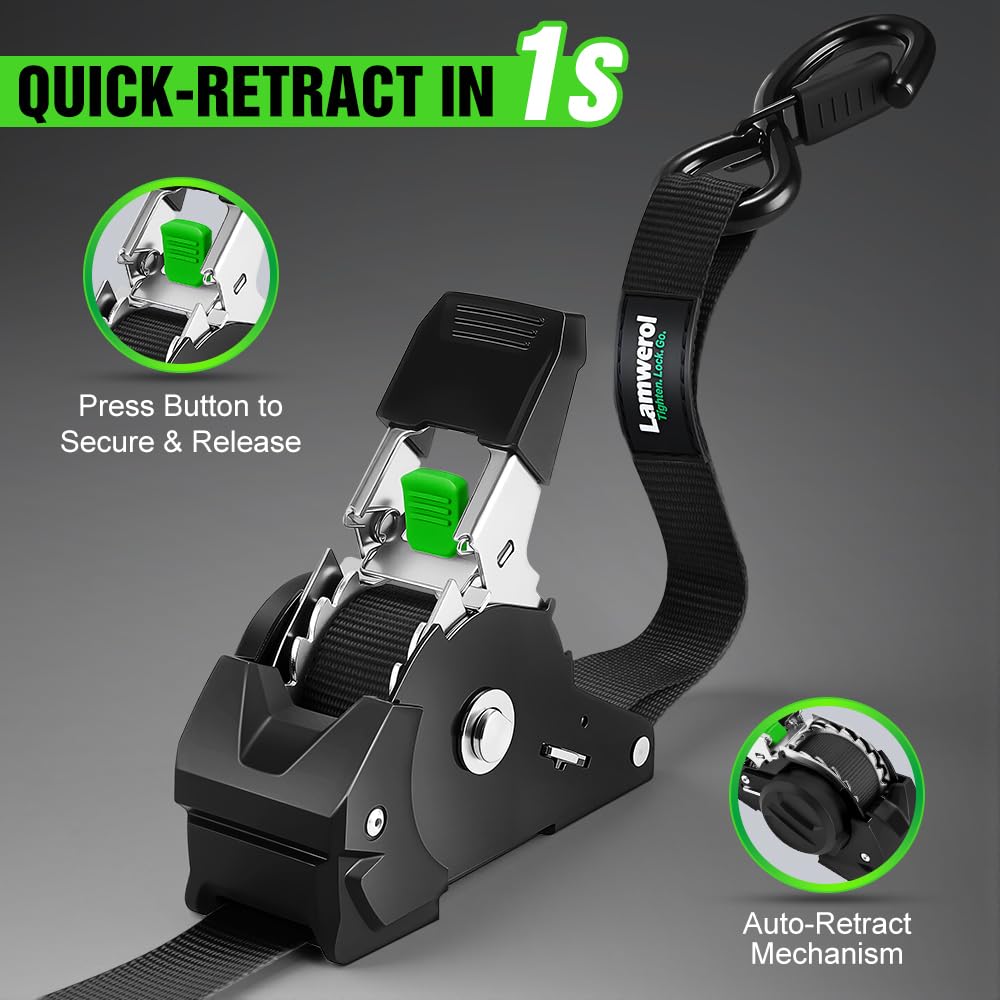 Retractable Ratchet Straps (4-Pack) - 1 Inch x 10 Feet (1,650lb Break Strength) - Heavy Duty Auto Self Retracting Tie Down Straps for Motorcycle, ATV, UTV, Truck, Cargo Trailer - Black