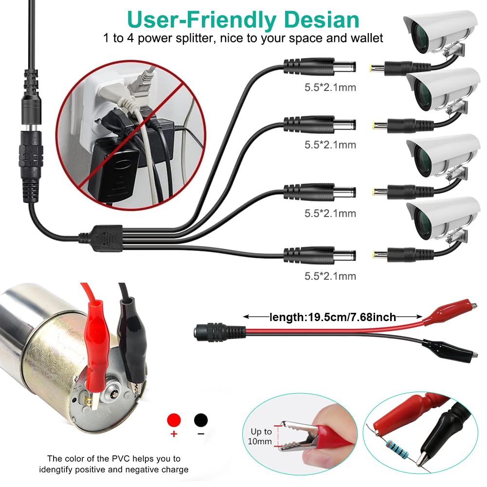 Universal Power Supply 3V~24V 3A 72W Adjustable Variable 3V 5V 9V 12V 18V 20V 24V AC/DC Adapter Charger, 100V-240V AC to DC Converter with 14 Tips, Polarity Converter and 4-Way Power Splitter Cable