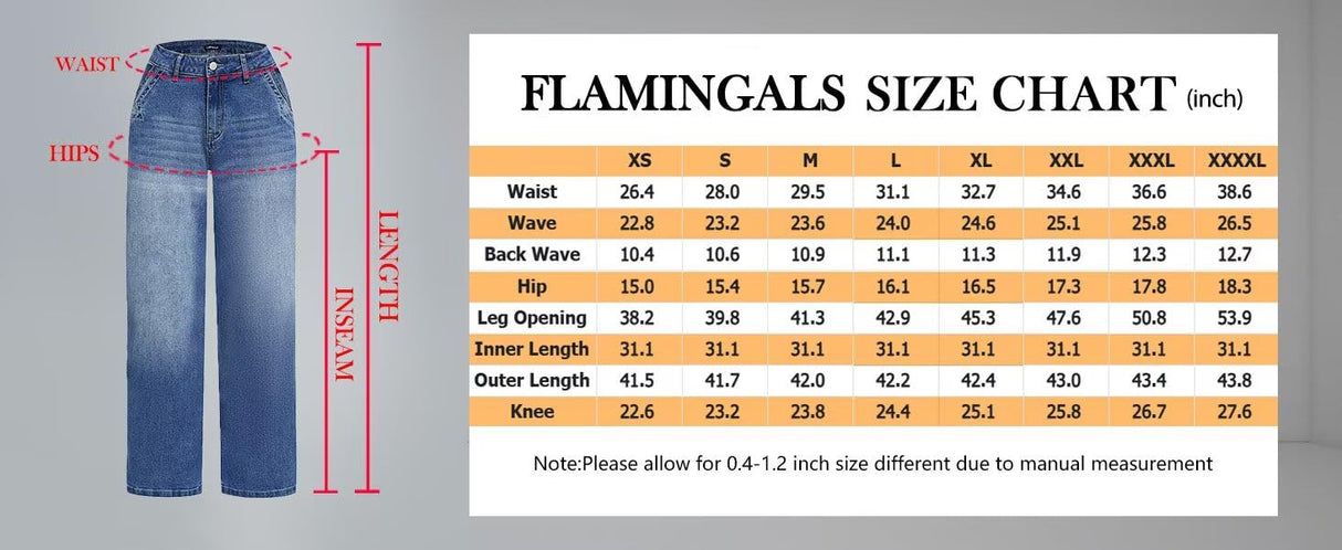 Flamingals Wide Leg Jeans for Women Mid Waist Baggy Stitch Decor Denim Washed Pants Without Belt Mid Blue M