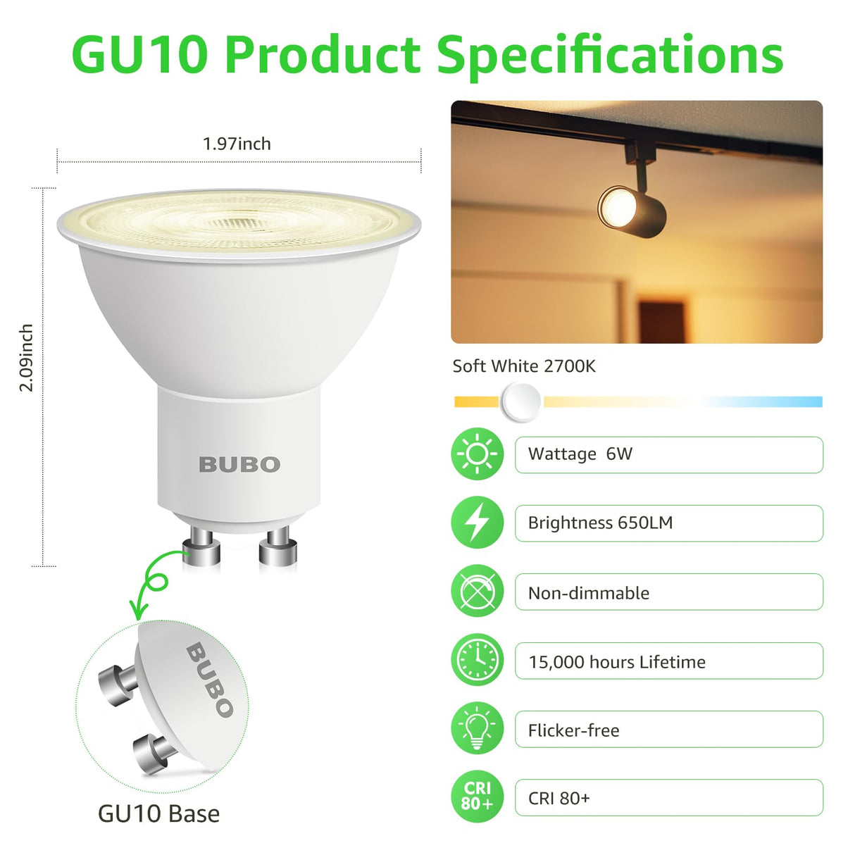 BUBO GU10 LED Bulb 6W Equivalent 50W, 2700K Soft White 650 Lumens, Non-Dimmable GU10 Bulb Replacement for Track Lighting, MR16 LED Bulb for Kitchen, Range Hood, Living Room, Bedroom, 10 Pack
