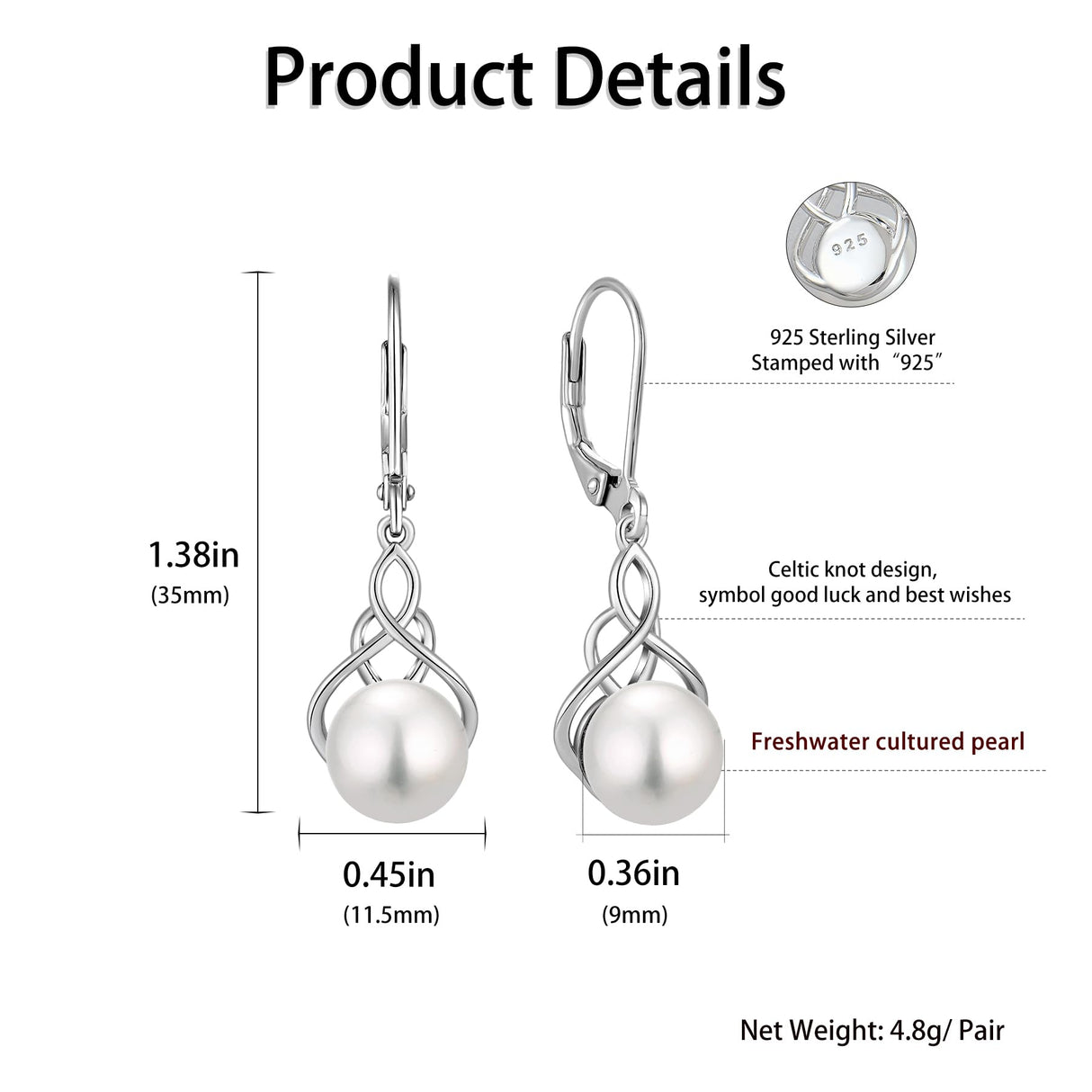 VESHON Celtic Knot Pearl Earrings for Women - 925 Sterling Silver Dangle Leverback Earrings with 9mm Freshwater Pearl Jewelry Gifts, White Gold Plated