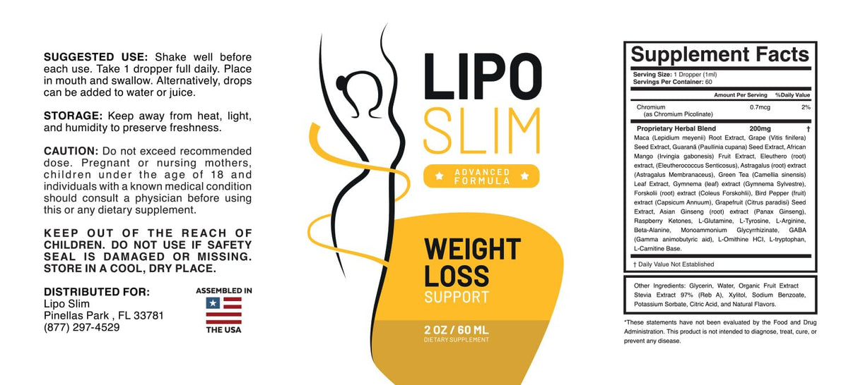 LIPO SLIM Official Drops - Daily Liquid Supplement - Advanced Formula for Natural Metabolism & Energy Support, LipoSlim for Overall Health & Wellness. One 60ml Bottle for 1 Month