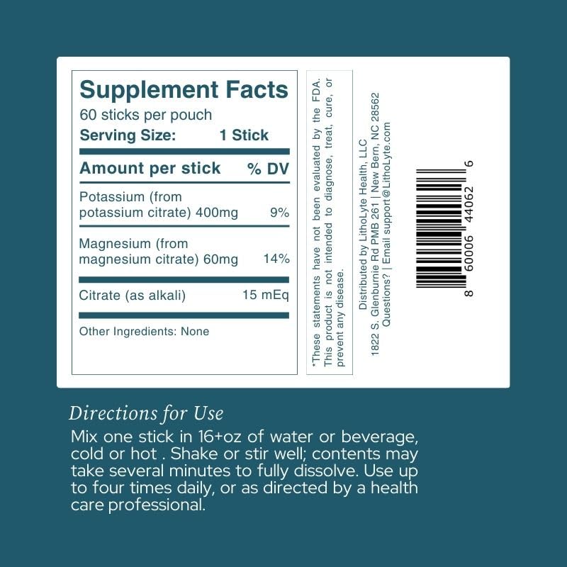 LithoLyte Kidney Health 15 mEq | Water & Beverage Enhancer for Kidney Health | Developed by Urologists | 60 Sticks