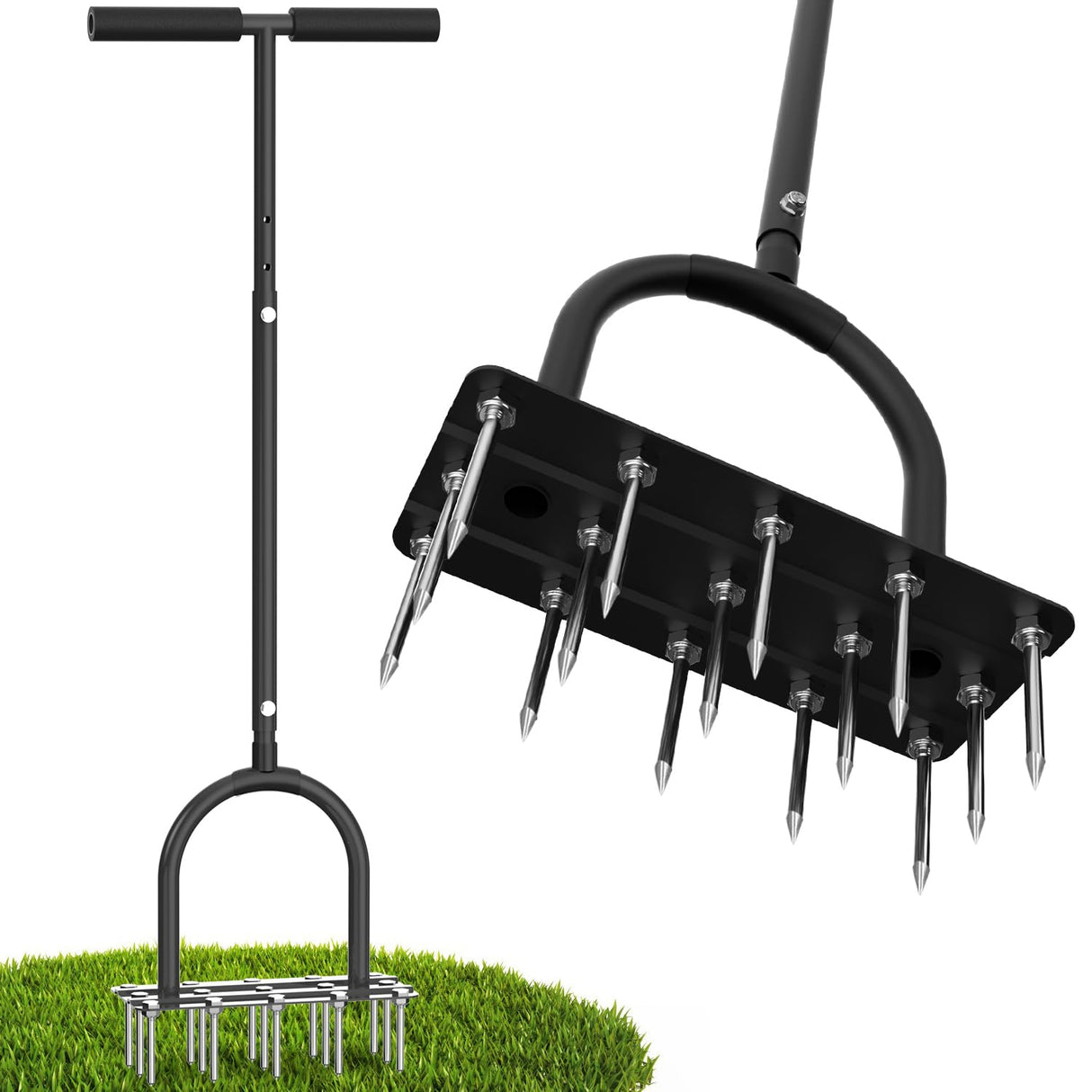 Aerator Lawn Tool Lawn Aerator -Heavy Duty Manual Grass Aerator with 15 Iron Spikes, Height Adjustable, Yard Aerator Tool for Lawn(Black)