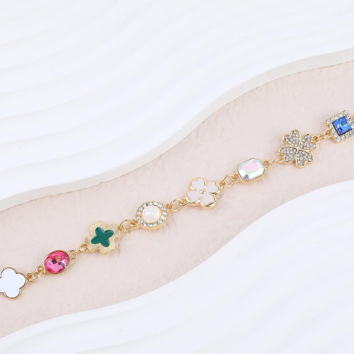 Gold Clover Charm Link Bracelet for Women Cute Colorful Geometric Diamond Mother of Pearl Lucky Four Leaf Clover Bracelet Enamel Crystal Rhinestone Statement Bracelet Adjustable Party Jewelry Gift