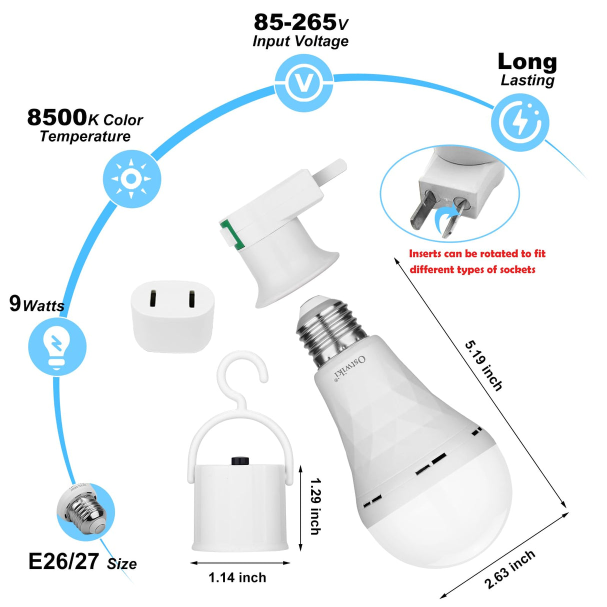 Ostwiki Rechargeable Emergency Light Bulbs 6 Pack Battery Operated Backup Light Bulbs for Power Outage Camping 9W E27 8500K Daylight Self-Charging Lamps for Home Hurricane Preparedness