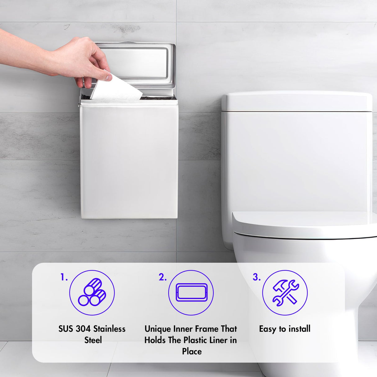 Sanitary Napkin Receptacle Wall Mounted Tampon Holder, Garbage Can for Bathroom Clean & Odor-Free Restroom for Home, Office & Public Restrooms (Stainless Steel)