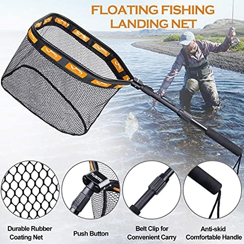 PLUSINNO Floating Fishing Net for Steelhead, Salmon, Fly, Kayak, Catfish, Bass, Trout Fishing, Rubber Coated Landing Net for Easy Catch & Release, Compact & Foldable for Easy Transportation & Storage