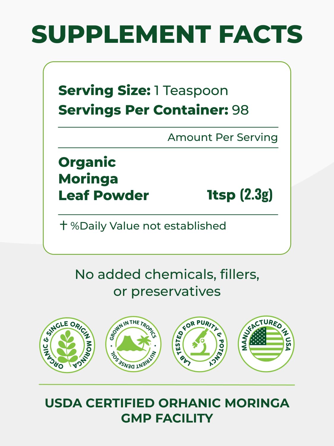 PURA VIDA MORINGA Organic Moringa Leaf Powder, Premium 100% Leaf Powder Single Origin - USDA Organic Moringa Oleifera, Perfect for Smoothies & Recipes, 8 oz