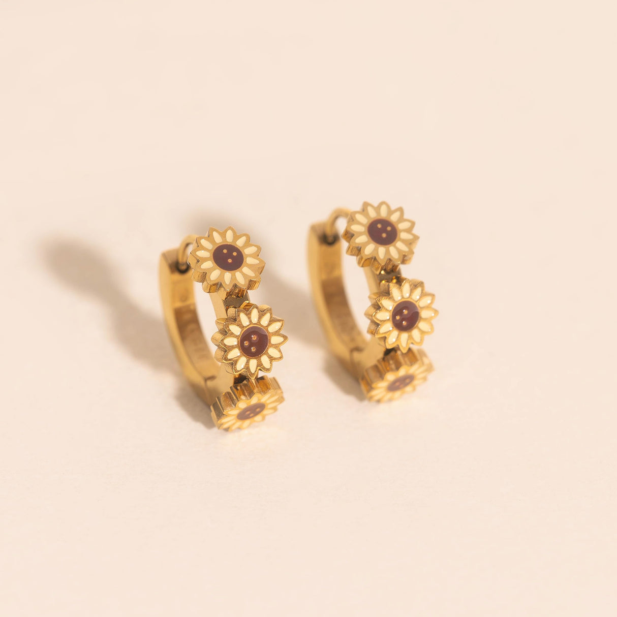 Oh Clementine 3D Sunflower Huggie Hoop Adjustable Clasp Earrings for Women- 316L Stainless Steel with 18k PVD Gold Coating