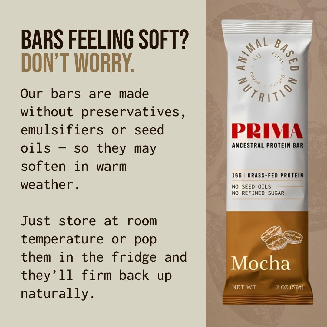 PRIMA ANCESTRAL PROTEIN BAR Grass Fed Protein Bars, 7 Pack – Animal-Based Protein Bar with Beef Tallow, Raw Honey, Seed Oil Free, Low Carb, Gluten-Free – Healthy, Energy Snacks for Clean Lifestyle (7 Pack, Mocha)
