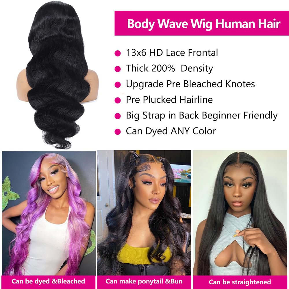 32 Inch 13x6 Body Wave Lace Front Wigs Human Hair 200 Density HD Transparent Lace Front Wigs Human Hair Glueless wig for Women Body Wave Wig Pre Plucked with Baby Hair Lace Frontal Wig Natural Black